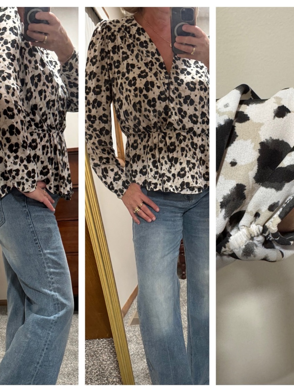 CAbi Cream and Black Leopard Peplum Blouse